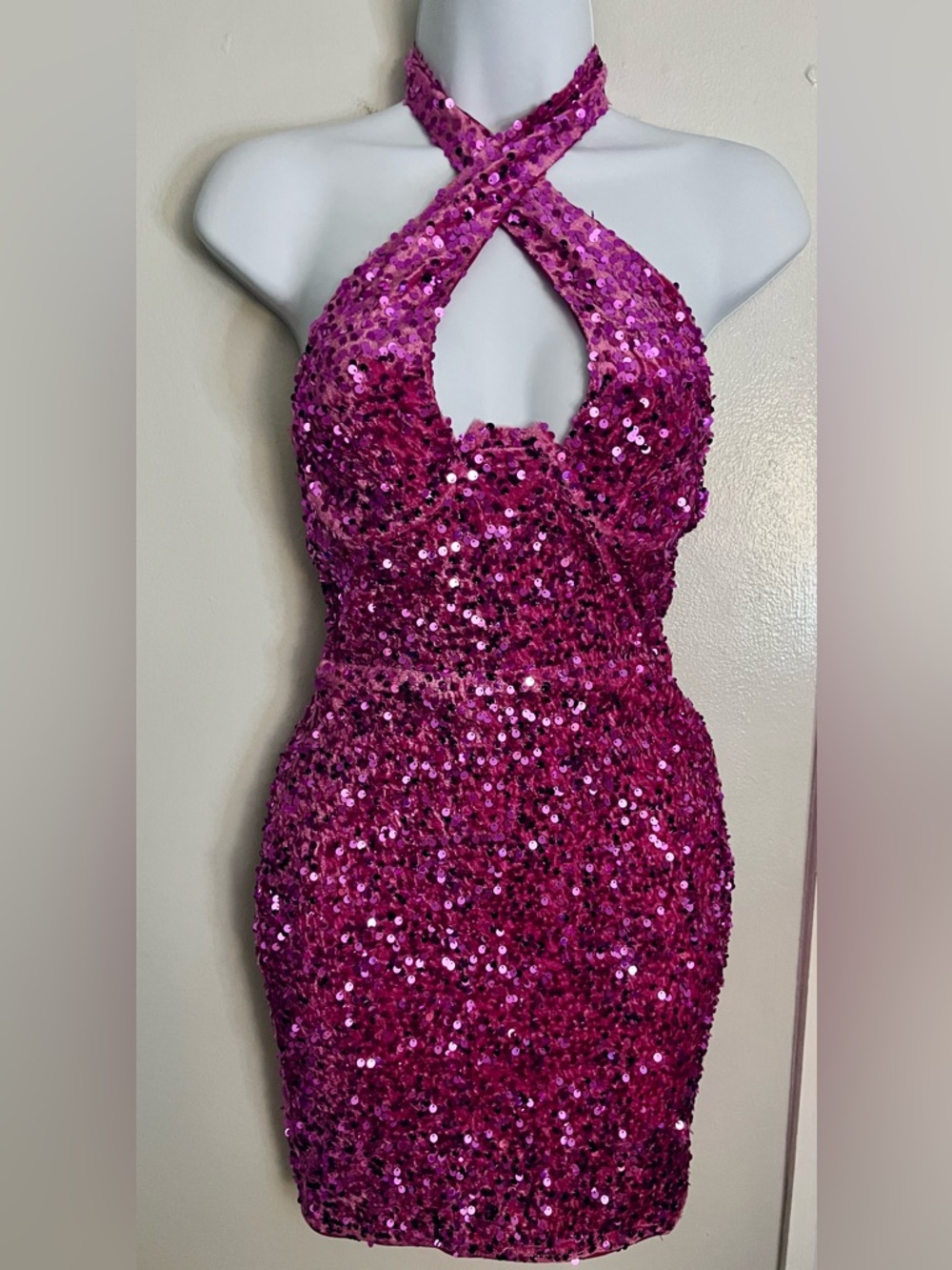 Fuchsia Sequin Halter Party Mini Dress